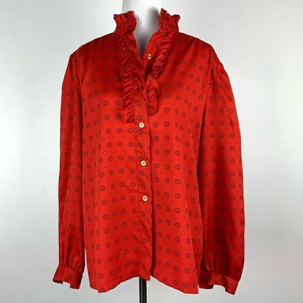 Pins and Needles Womens top size 18 Red geometric ruffle button down vintage 80s